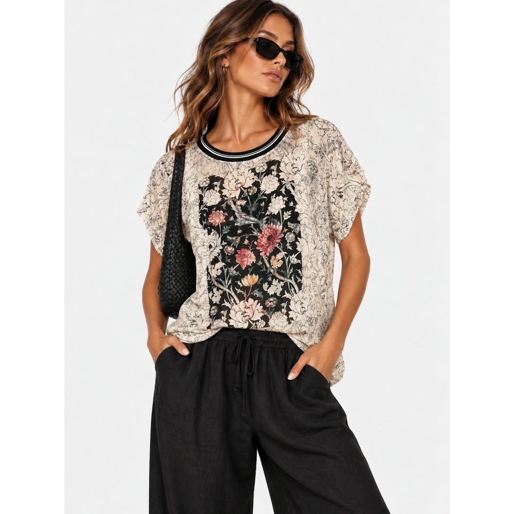 Beatrice B Italy Silk Blend Floral Print Short Sleeve Top Beige Black Boho XL